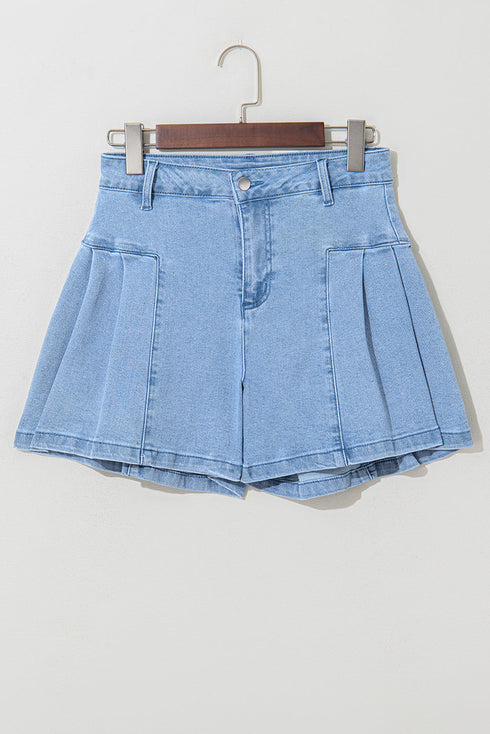 Pleated Patchwork Wide Leg Lightweight Denim Shorts